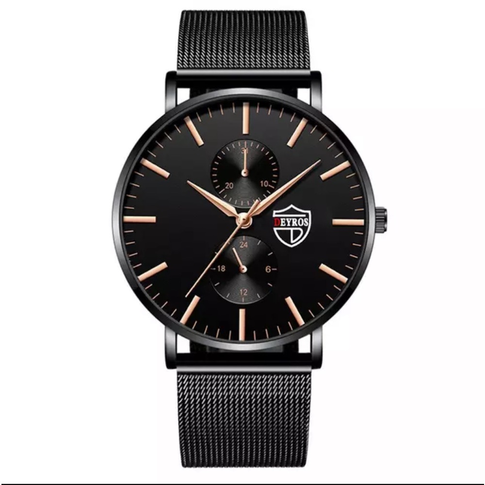 New Stainless Steel Analog Quartz Black Rose Gold Business Casual Mens Watch